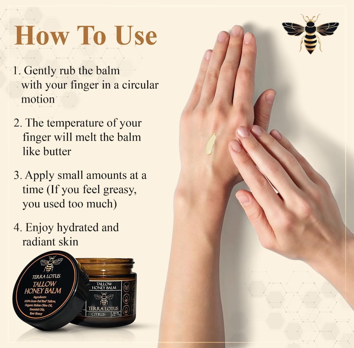 Organic Grass-Fed Beef Tallow Balm with Raw Honey - Handmade All-Natural Moisturizer for Soft, Smooth, Radiant Skin - VIP