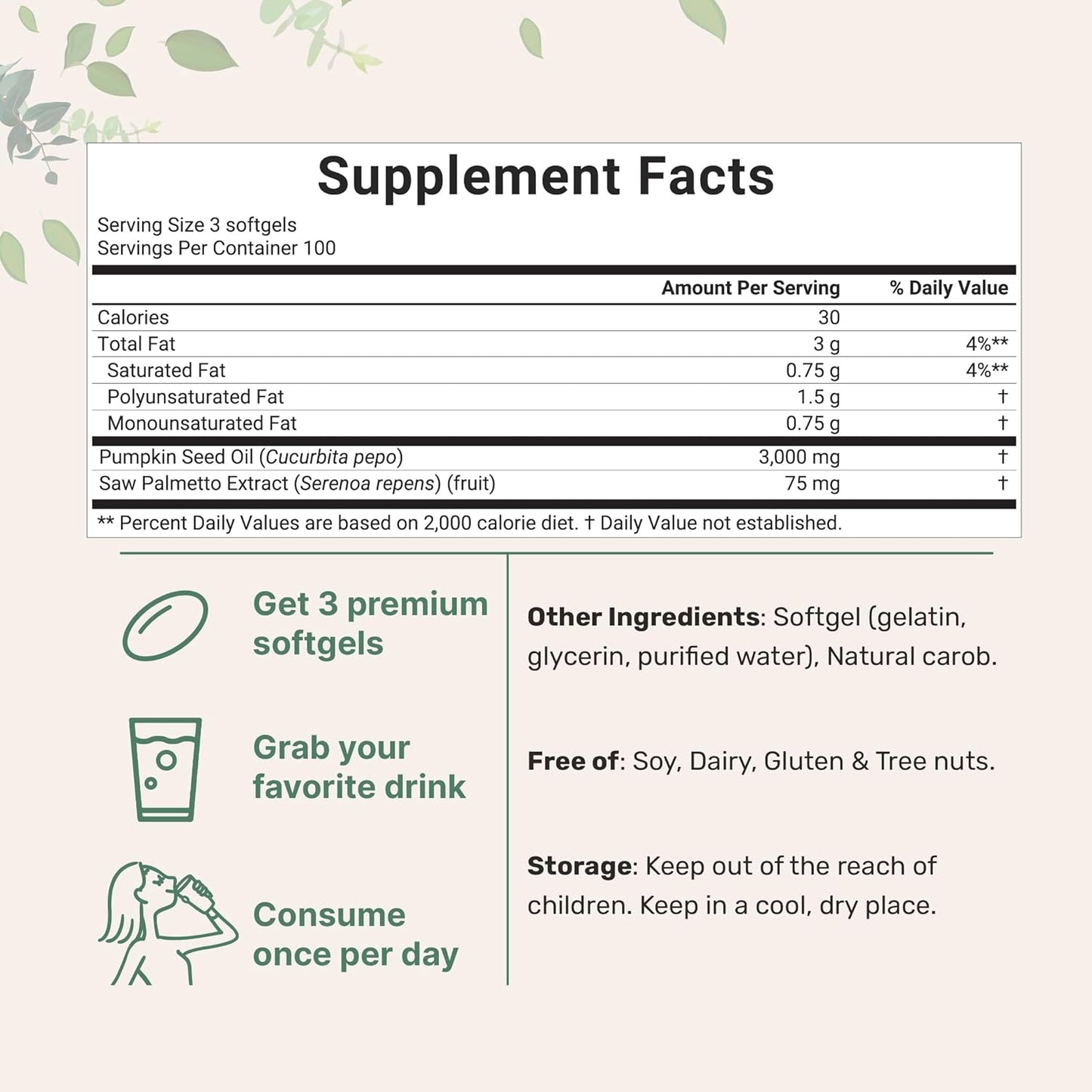 Pumpkin Seed Oil with Saw Palmetto, 3000mg Per Serving | Cold Pressed, Pure Virgin Oil | Non-GMO - VIP