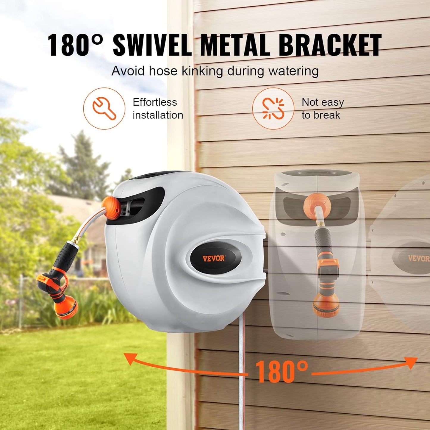 VEVOR GardenGlide 130 | Garden Water Hose Reel with 9-Pattern Nozzle, 180Β° Swivel Bracket Wall-Mounted, Automatic Rewind, Lock at Any Length, with Slow Return System - VIP