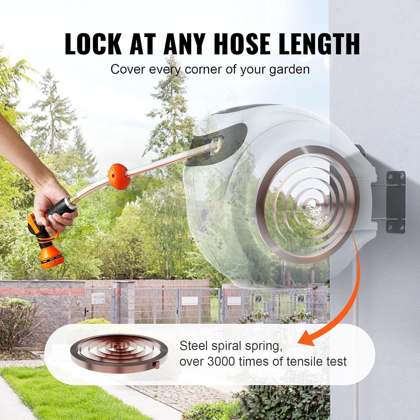 VEVOR GardenGlide 130 | Garden Water Hose Reel with 9-Pattern Nozzle, 180Β° Swivel Bracket Wall-Mounted, Automatic Rewind, Lock at Any Length, with Slow Return System - VIP