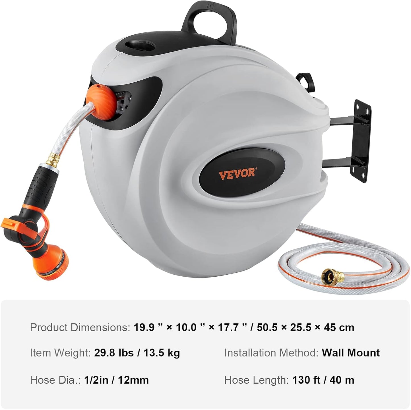 VEVOR GardenGlide 130 | Garden Water Hose Reel with 9-Pattern Nozzle, 180Β° Swivel Bracket Wall-Mounted, Automatic Rewind, Lock at Any Length, with Slow Return System - VIP