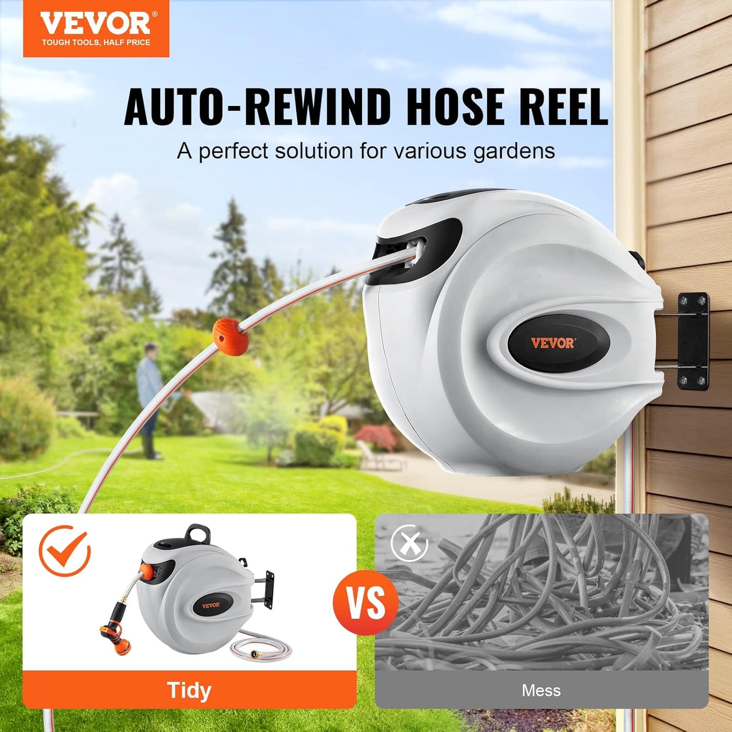 VEVOR GardenGlide 130 | Garden Water Hose Reel with 9-Pattern Nozzle, 180Β° Swivel Bracket Wall-Mounted, Automatic Rewind, Lock at Any Length, with Slow Return System - VIP