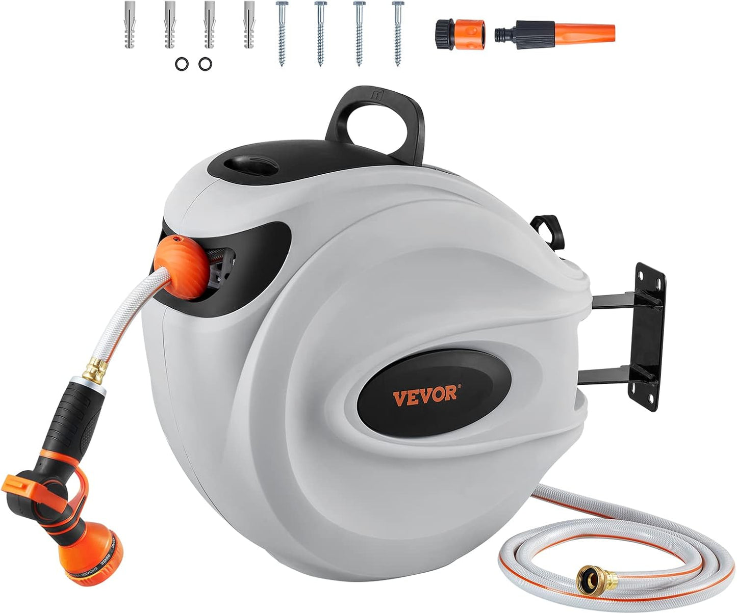 VEVOR GardenGlide 130 | Garden Water Hose Reel with 9-Pattern Nozzle, 180Β° Swivel Bracket Wall-Mounted, Automatic Rewind, Lock at Any Length, with Slow Return System - VIP