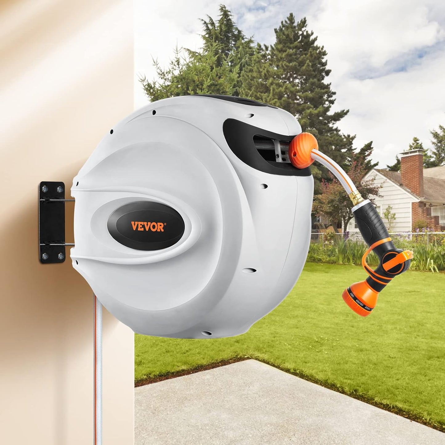 VEVOR GardenGlide 130 | Garden Water Hose Reel with 9-Pattern Nozzle, 180Β° Swivel Bracket Wall-Mounted, Automatic Rewind, Lock at Any Length, with Slow Return System - VIP
