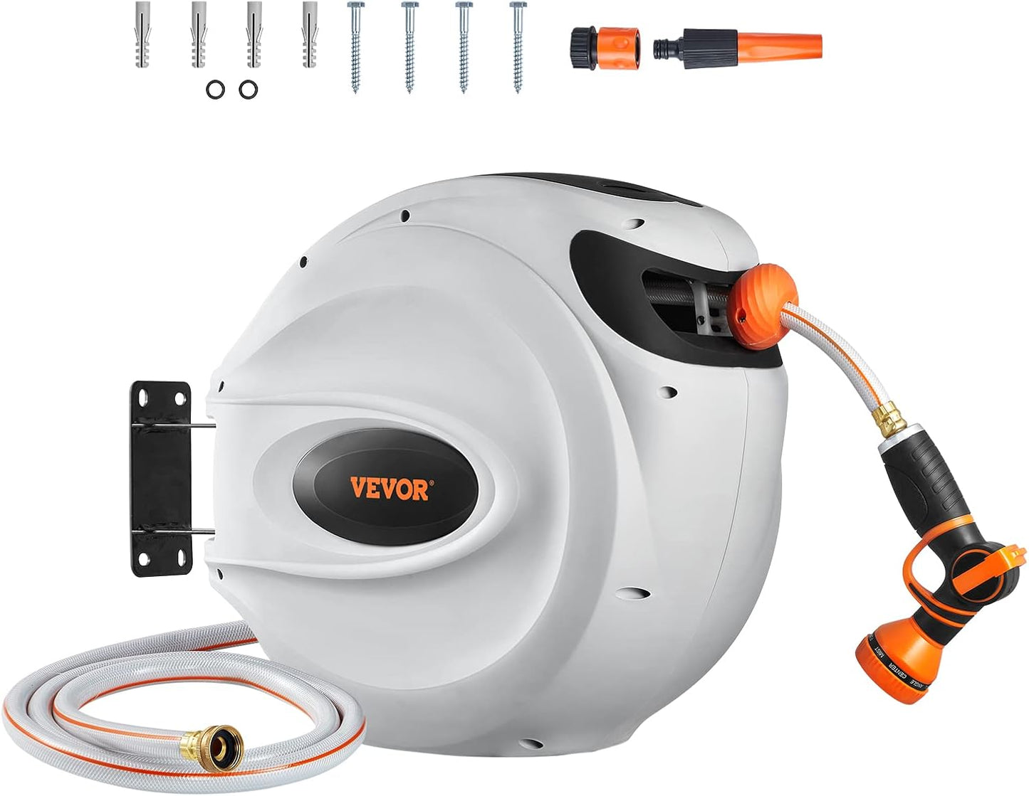 VEVOR GardenGlide 130 | Garden Water Hose Reel with 9-Pattern Nozzle, 180Β° Swivel Bracket Wall-Mounted, Automatic Rewind, Lock at Any Length, with Slow Return System - VIP