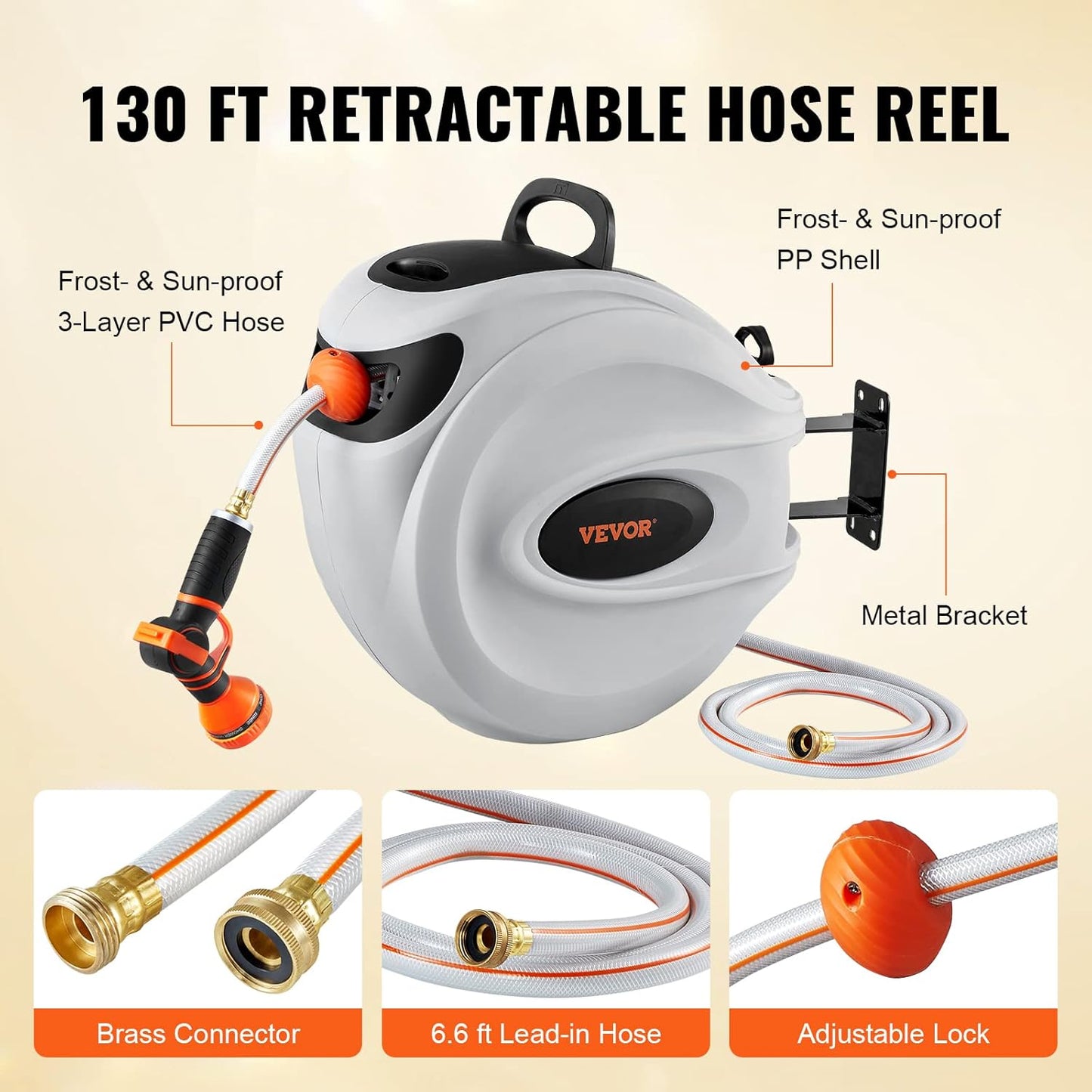 VEVOR GardenGlide 130 | Garden Water Hose Reel with 9-Pattern Nozzle, 180Β° Swivel Bracket Wall-Mounted, Automatic Rewind, Lock at Any Length, with Slow Return System - VIP
