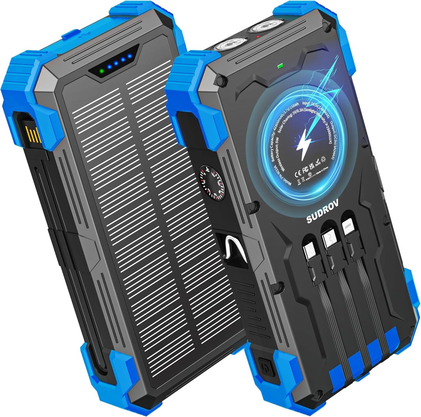 SunVault 42K Solar Power Pro | 42800mAh Wireless Portable Charger with USB-C in/Output, QC3.0 Fast Charging 15W 4 Ports Outdoor Battery Pack Built-in Dual Led Flashlights for iPhone Samsung etc- VIP