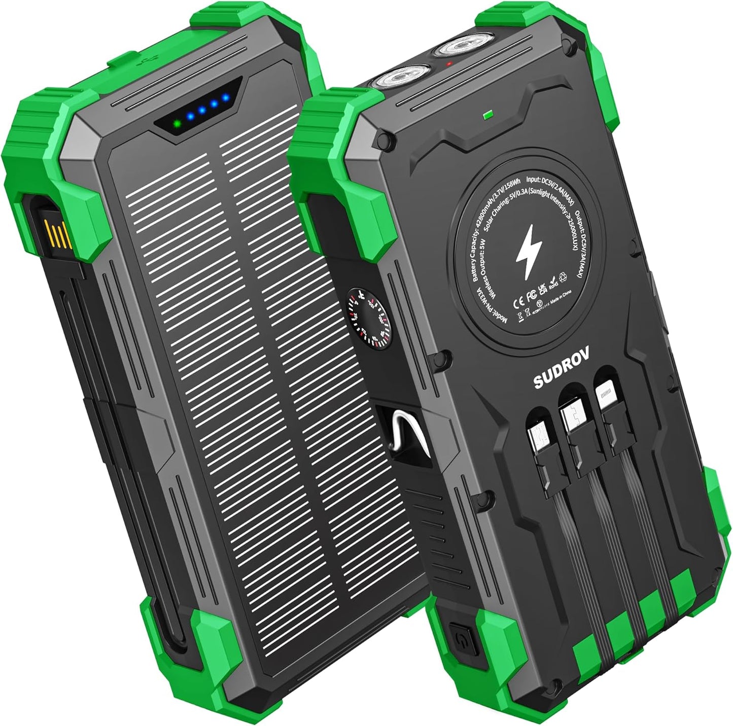 SunVault 42K Solar Power Pro | 42800mAh Wireless Portable Charger with USB-C in/Output, QC3.0 Fast Charging 15W 4 Ports Outdoor Battery Pack Built-in Dual Led Flashlights for iPhone Samsung etc- VIP