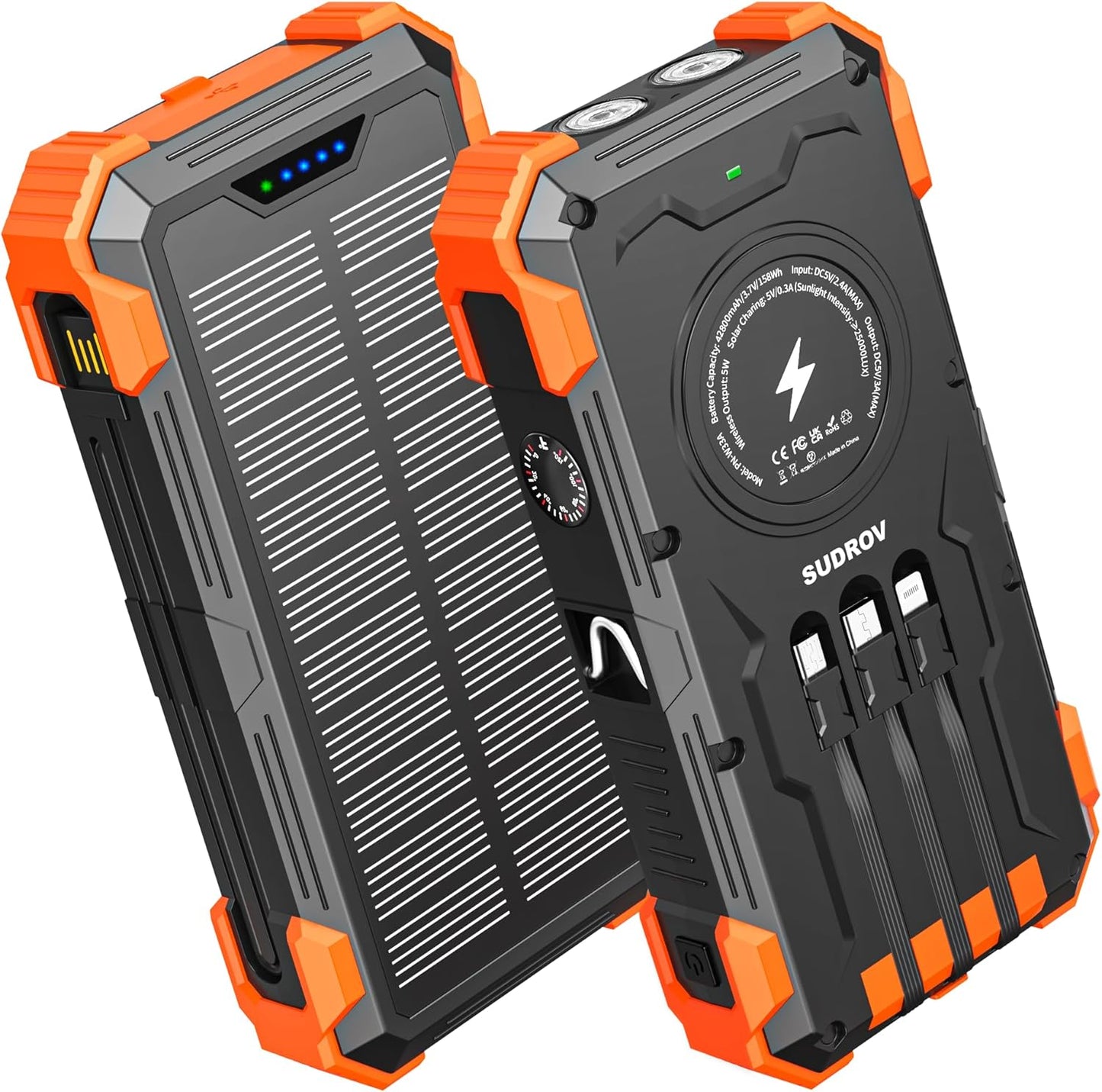 SunVault 42K Solar Power Pro | 42800mAh Wireless Portable Charger with USB-C in/Output, QC3.0 Fast Charging 15W 4 Ports Outdoor Battery Pack Built-in Dual Led Flashlights for iPhone Samsung etc- VIP