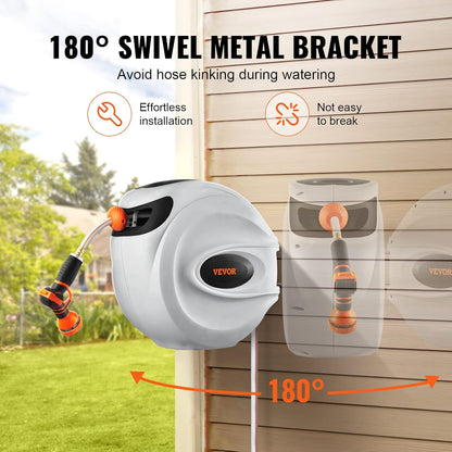 VEVOR GardenGlide 130 | Garden Water Hose Reel with 9-Pattern Nozzle, 180° Swivel Bracket Wall-Mounted, Automatic Rewind, Lock at Any Length, with Slow Return System - VIP