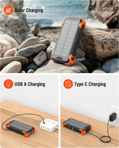 SunVault 42K Solar Power Pro | 42800mAh Wireless Portable Charger with USB-C in/Output, QC3.0 Fast Charging 15W 4 Ports Outdoor Battery Pack Built-in Dual Led Flashlights for iPhone Samsung etc- VIP