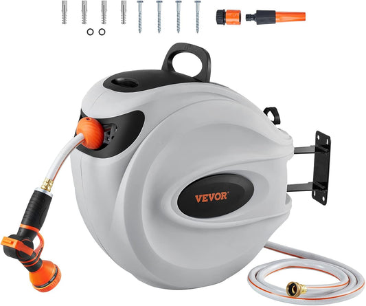 VEVOR GardenGlide 130 | Garden Water Hose Reel with 9-Pattern Nozzle, 180° Swivel Bracket Wall-Mounted, Automatic Rewind, Lock at Any Length, with Slow Return System - VIP