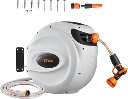 VEVOR GardenGlide 130 | Garden Water Hose Reel with 9-Pattern Nozzle, 180° Swivel Bracket Wall-Mounted, Automatic Rewind, Lock at Any Length, with Slow Return System - VIP